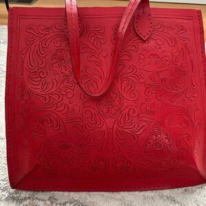 Roberta Freymann Red Embossed Leather Tote Hand Made By Artisan New With Tags